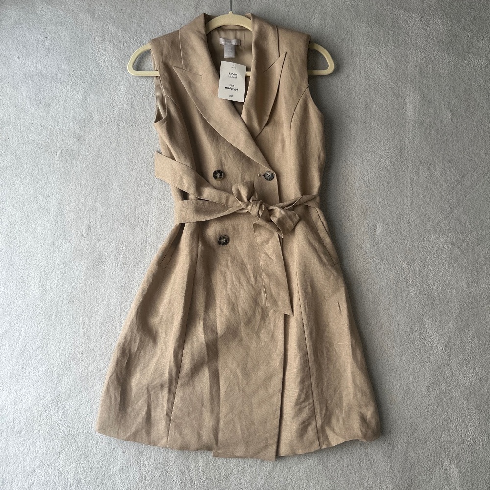 Linen Blend Tan Sleeveless Double-Breasted Trench Dress NWT